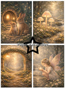 Collage of four enchanting scenes featuring rabbits, mushrooms, a fairy, and a stone archway.