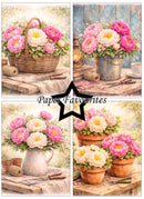 Collage of four images featuring pink and white flowers in various containers with 'Paper Favourites' branding.