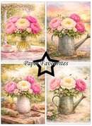 Collage of four images featuring floral arrangements in vases and a watering can with 'Paper Favourites' branding.