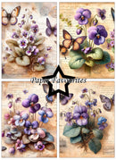 Four panels of floral designs with butterflies and text 'Paper Favourites'.