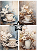 Collage of four images featuring teacups and flowers with 'Paper Favourites' branding.