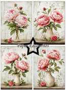 Set of four floral designs with pink peonies and a vase on a rustic wooden background, featuring 'Paper Favourites' branding.