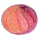 A single ball of variegated yarn with blended shades of pink, orange, and purple, isolated on a white background.