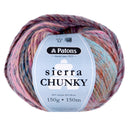 Ball of Patons Sierra Chunky yarn with a multicolor pattern on a white background