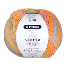 Ball of Patons Sierra 8 ply yarn with multicolor pattern on a white background