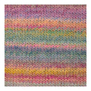 A close-up of a knitted fabric texture with horizontal stripes in pastel pink, purple, blue, green, yellow, and orange.