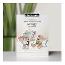 Card with illustrations of a girl and a bear, featuring the brand 'Penny Black'.