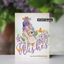 Card with a bear holding presents and flowers, featuring the Penny Black logo.