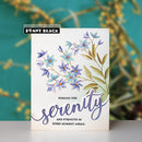 Card with floral design and 'wishing you serenity and strength' text, featuring Penny Black brand.