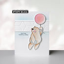 Card with a bear holding a pink balloon and 'bear hugs & birthday wishes' text, branded with Penny Black.
