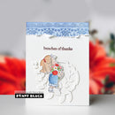 Card with a design of a person holding flowers and text 'bunches of thanks' on a white background.