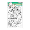 Clear stamp set with bear illustrations and birthday messages in a packaging sleeve.