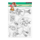Clear stamp set with illustrations of a girl holding flowers and text on a white background.