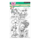Clear stamp set with illustrations of a girl and flowers on a white background