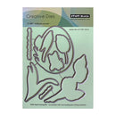 Penny Black Creative Dies tulip jay cut out on a green card with product details.