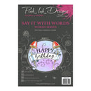 Pink Ink Designs stamp set packaging with mushrooms and 'Happy Birthday' text on a dark background