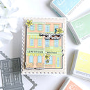 Stamps with a building design and text on a white background