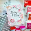 Floral card with 'Thinking of you with a grateful heart' text, surrounded by Pine Fresh products on a textured surface.