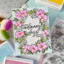 Clear stamp with floral design and text 'Because ordinary days deserve flowers' on a blue background.