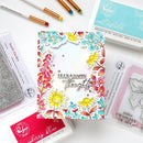Stamp set with floral design and text 'Hugs & Happy Thoughts' on a white background