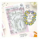 Clear stamps with floral and text designs on a white background