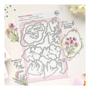 Clear stamp set with floral and text designs on a white background