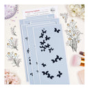 Set of butterfly-themed stencils on a light blue background with floral illustrations and a pen.