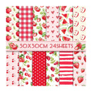 Collection of 24 patterned paper sheets with fruits and vegetables, displayed in a grid.