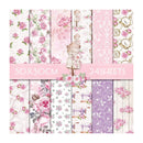 Set of floral and decorative paper sheets with a pink border, displayed against a white background.