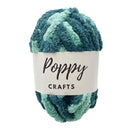 Multicolored yarn ball with 'Poppy Crafts' label on a white background