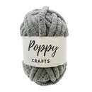 Gray skein of yarn with 'Poppy Crafts' label on a white background