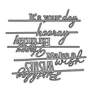 Collection of celebratory phrases in various fonts on a white background