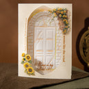 Decorative card with stone arch and sunflowers on a brown background