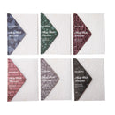 Set of six triangular fabric swatches with different patterns and text on a white background
