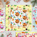 Colorful holiday-themed wrapping paper with festive designs on a white surface.