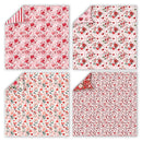 Set of four fabric swatches with floral and heart patterns on a white background