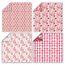 Set of four fabric swatches with red and white patterns