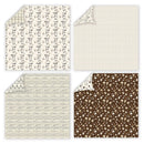 Four fabric swatches with different patterns on a white background