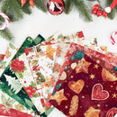 Collection of Christmas-themed paper sheets with various patterns on a white background.