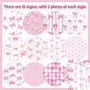 Collection of pink fabric swatches with various patterns on a pink background.