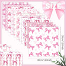 Set of pink paper sheets with bow patterns and measurements on a white background
