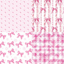 Set of four pink patterns including bows, candy canes, snowflakes, and plaid on a white background.