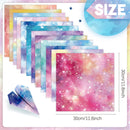 Colorful galaxy-themed paper sheets with a paper airplane and size measurement on a white background.