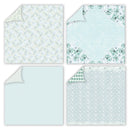 Set of four fabric swatches with floral and geometric patterns on a light blue background.