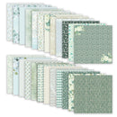 Collection of green and white patterned paper sheets on a white background