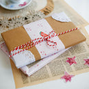 Gift wrapped in brown paper with red string on a textured surface