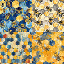 Hexagonal pattern with bees and honeycomb design in blue, yellow, and orange colors.