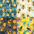 Pattern of bees and honeycomb cells in blue, yellow, and multicolor.