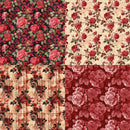 Collection of floral patterns with red and pink roses on a checkered background.