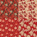 Two floral patterns on a red background, one with white flowers and the other with red and beige flowers.